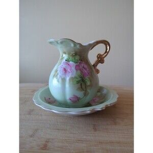 Vintage MCM Lefton Heritage Cabbage Rose Green Creamer Saucer 4578 Cottagecore